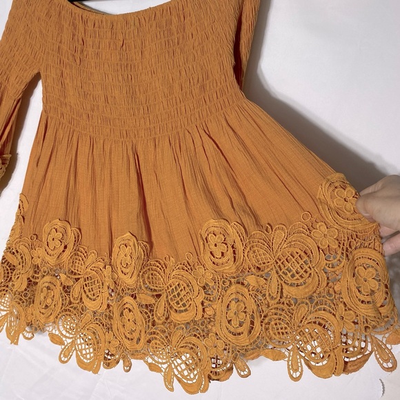 Petal Roz Yellow Smocked Off Shoulder Puff Sleeve Lace Trimmed Blouse L - Picture 8 of 15